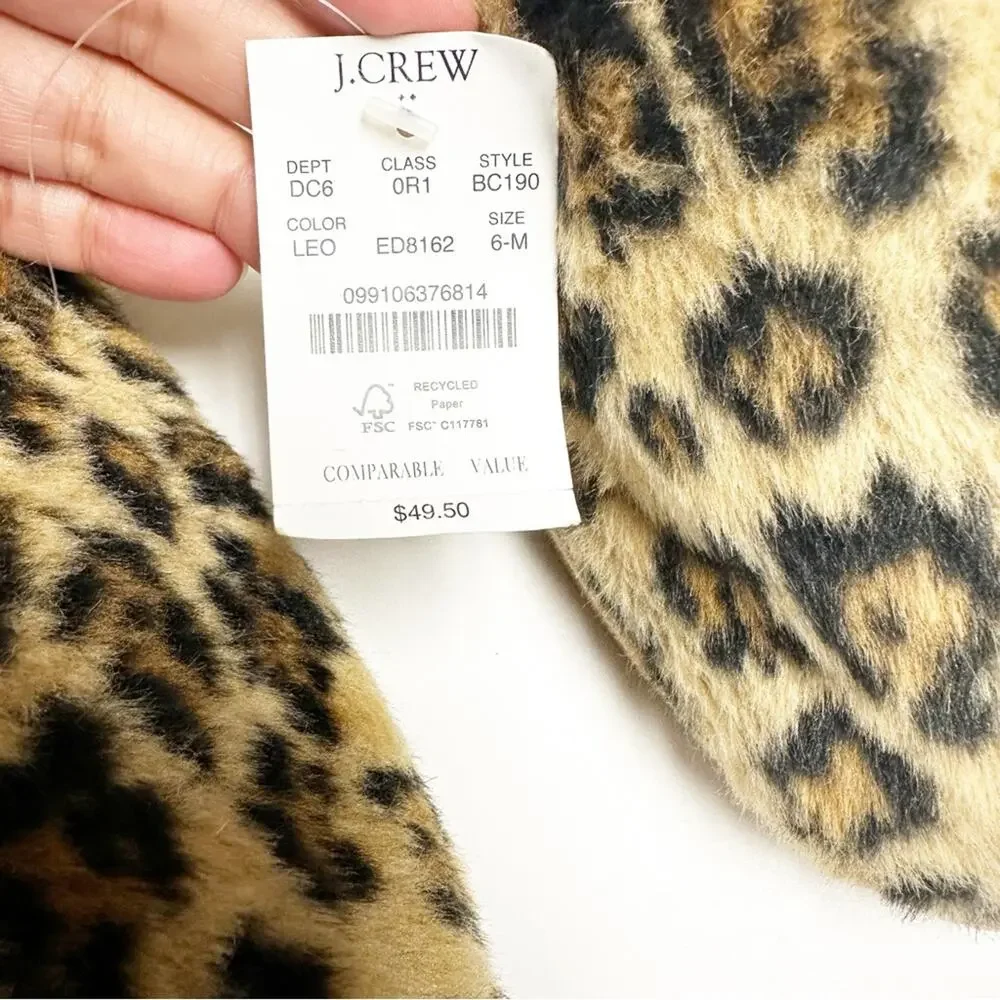 NEW J. Crew Leopard Fuzzy Faux Fur Slippers Womens 6 Animal Print Cozy Slip On